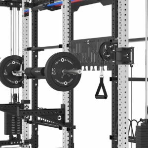 Double Squat Rack with Cable Machines, Pull-Up Bar, Weight Plate Holder, Olympic Barbell Holder, Weight Plates & Rack Storage