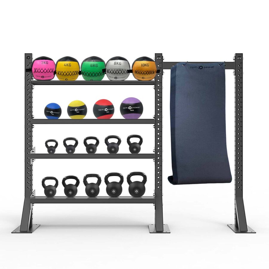 Squat Stand for Storage with Medicine Ball, Wall Ball, Kettlebells and Exercise Mat