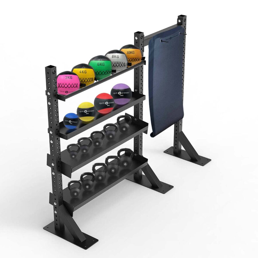 Squat Stand for Storage with Medicine Ball, Wall Ball, Kettlebells and Exercise Mat