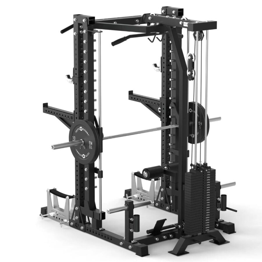 Power Rack with Spotter Arms, Smith Machine, Cable Machine, Pull-Up Bar, Lat-Pull Down, Weight Plate Holder, Deadlift Stands