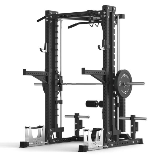 Power Rack with Spotter Arms, Smith Machine, Cable Machine, Pull-Up Bar, Lat-Pull Down, Weight Plate Holder, Deadlift Stands