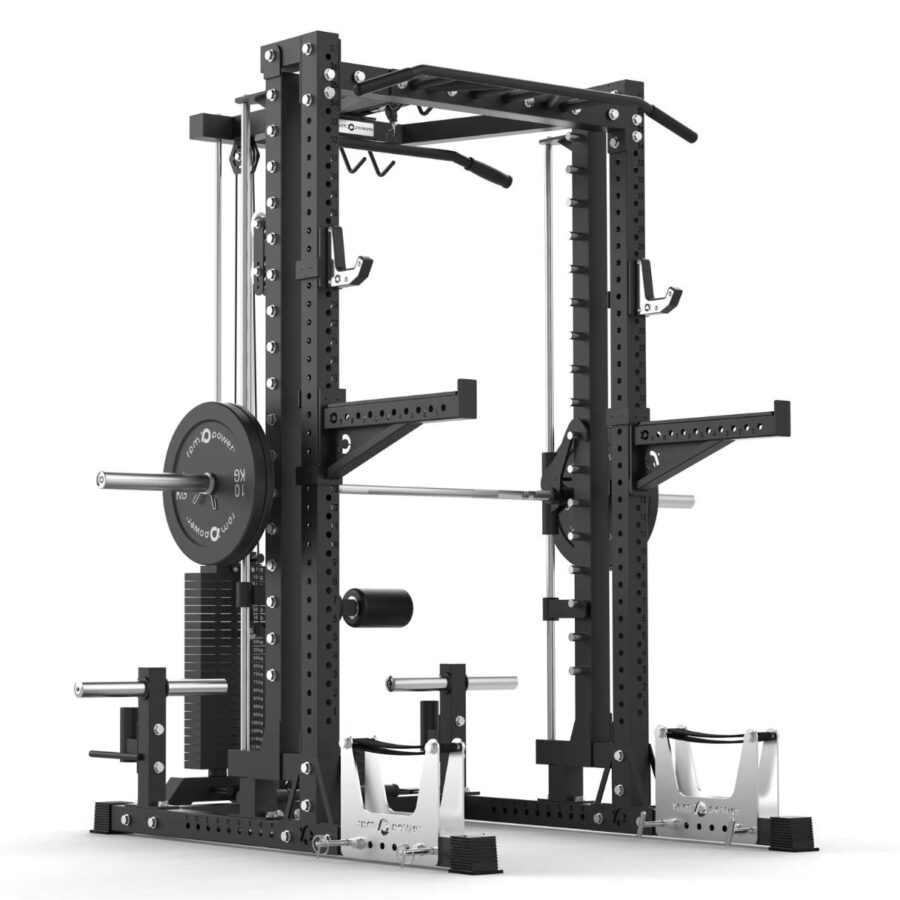 Power Rack with Spotter Arms, Smith Machine, Cable Machine, Pull-Up Bar, Lat-Pull Down, Weight Plate Holder, Deadlift Stands