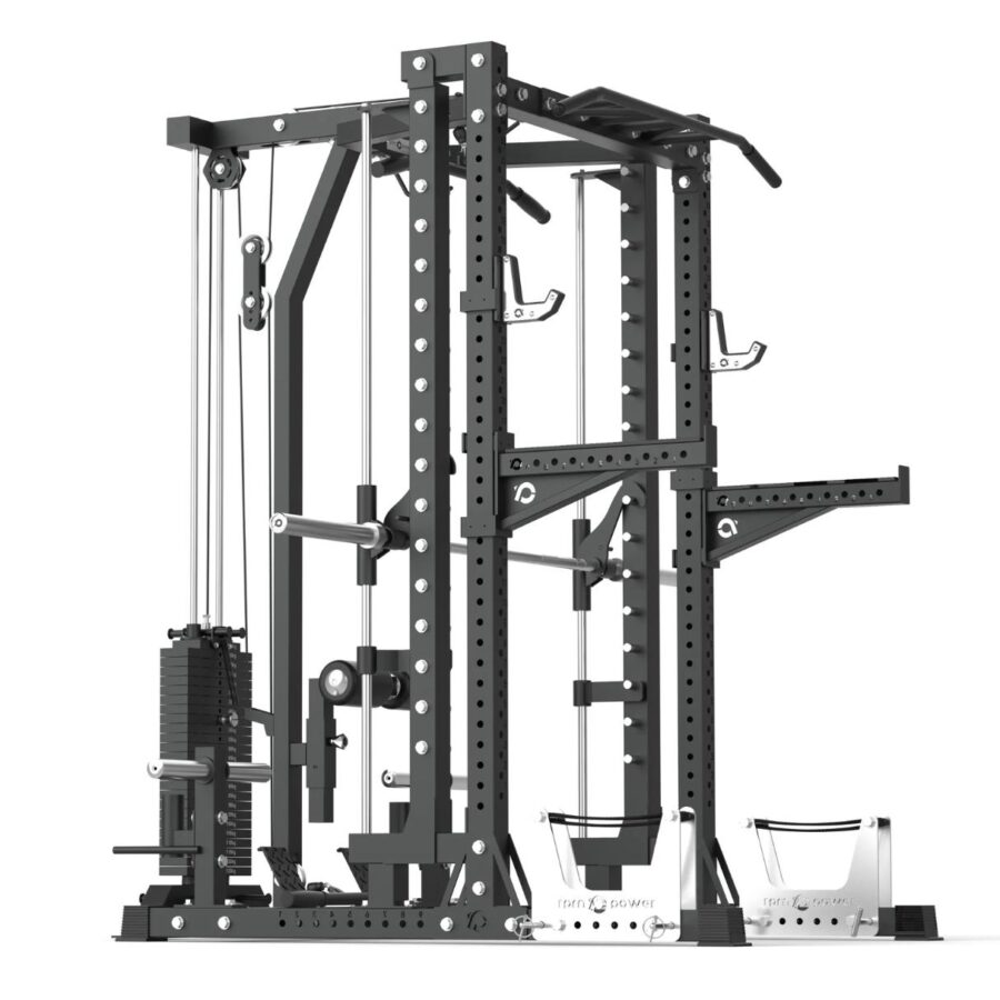 Power Rack with Spotter Arms, Smith Machine, Cable Machine, Pull-Up Bar, Lat-Pull Down, Weight Plate Holder, Deadlift Stands