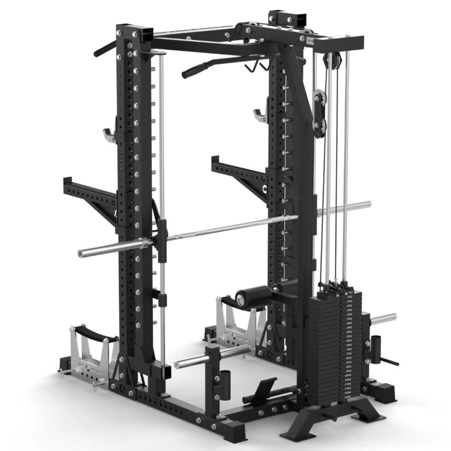 Power Rack with Spotter Arms, Smith Machine, Cable Machine, Pull-Up Bar, Lat-Pull Down, Weight Plate Holder, Deadlift Stands