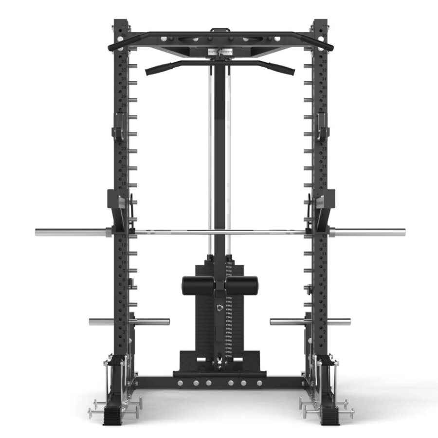 Power Rack with Spotter Arms, Smith Machine, Cable Machine, Pull-Up Bar, Lat-Pull Down, Weight Plate Holder, Deadlift Stands