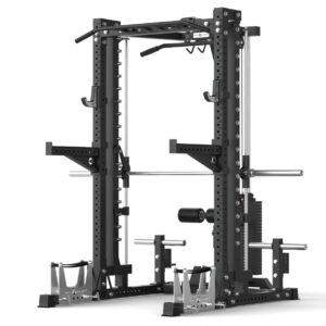 Power Rack with Spotter Arms, Smith Machine, Cable Machine, Pull-Up Bar, Lat-Pull Down, Weight Plate Holder, Deadlift Stands
