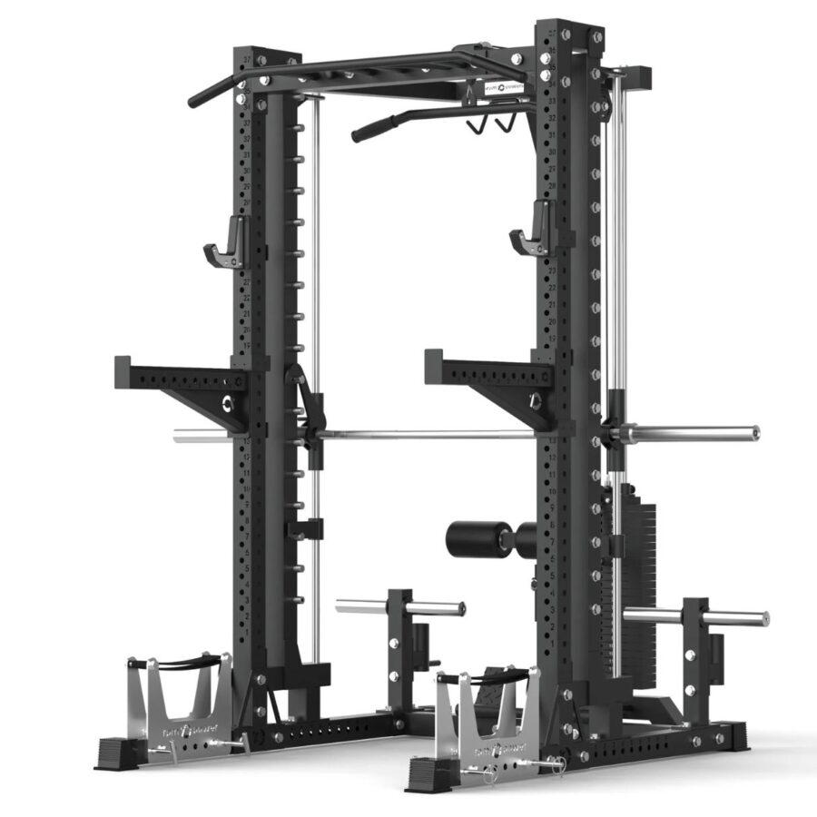Power Rack with Spotter Arms, Smith Machine, Cable Machine, Pull-Up Bar, Lat-Pull Down, Weight Plate Holder, Deadlift Stands