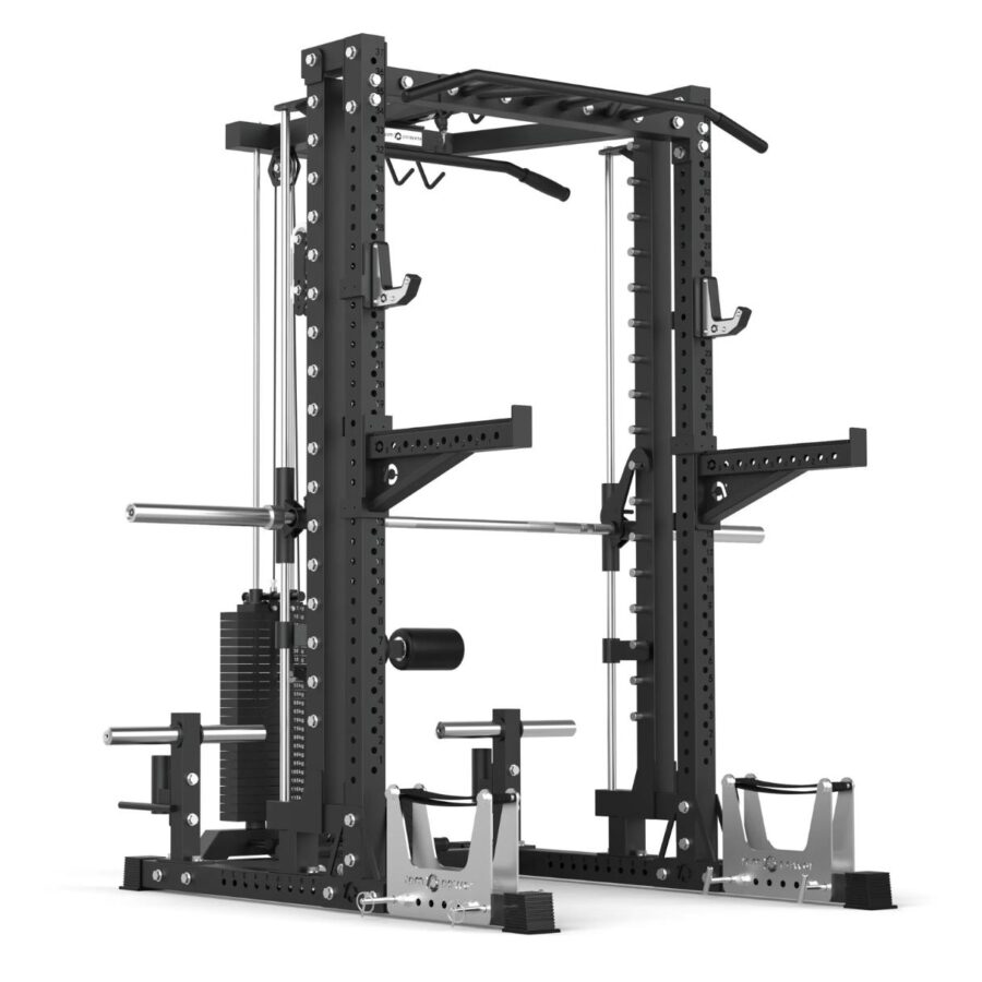 Power Rack with Spotter Arms, Smith Machine, Cable Machine, Pull-Up Bar, Lat-Pull Down, Weight Plate Holder, Deadlift Stands