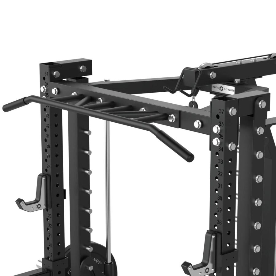 Power Rack with Spotter Arms, Smith Machine, Cable Machine, Pull-Up Bar, Lat-Pull Down, Weight Plate Holder, Deadlift Stands