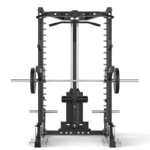 Power Rack with Spotter Arms, Smith Machine, Cable Machine, Pull-Up Bar, Lat-Pull Down, Weight Plate Holder, Deadlift Stands