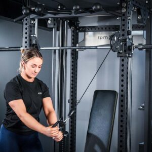 Woman using Multi-Gym with Cable Machine, Smith Bar & Pull-Up BAR