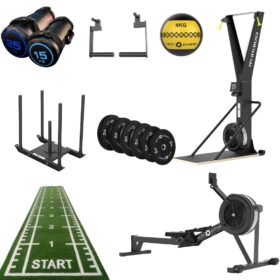 Air Ski Machine, Air Rowing Machine, Dog Prowler Sled, Weight Plates, Wall Ball, Power Sand Bags, Astro Turf, Farmers Carry