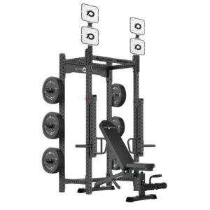 Half Rack with Weight Plates, Weight Bench, Wall Ball Targets, Pull-Up Bar, Jammer Arms
