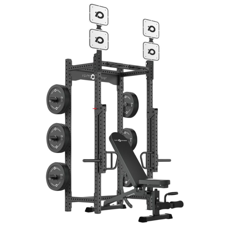 Half Rack with Weight Plates, Weight Bench, Wall Ball Targets, Pull-Up Bar, Jammer Arms