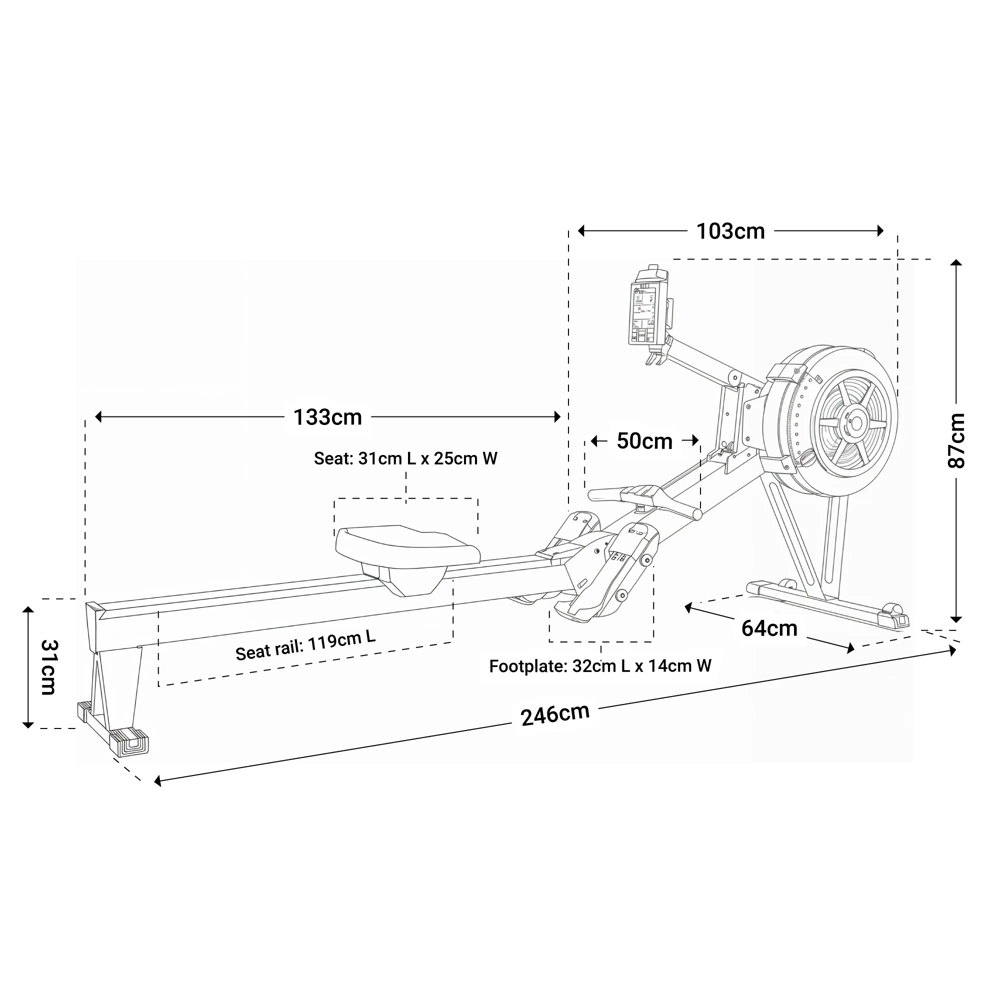 Specifications on a drawing of Air Rower Elite