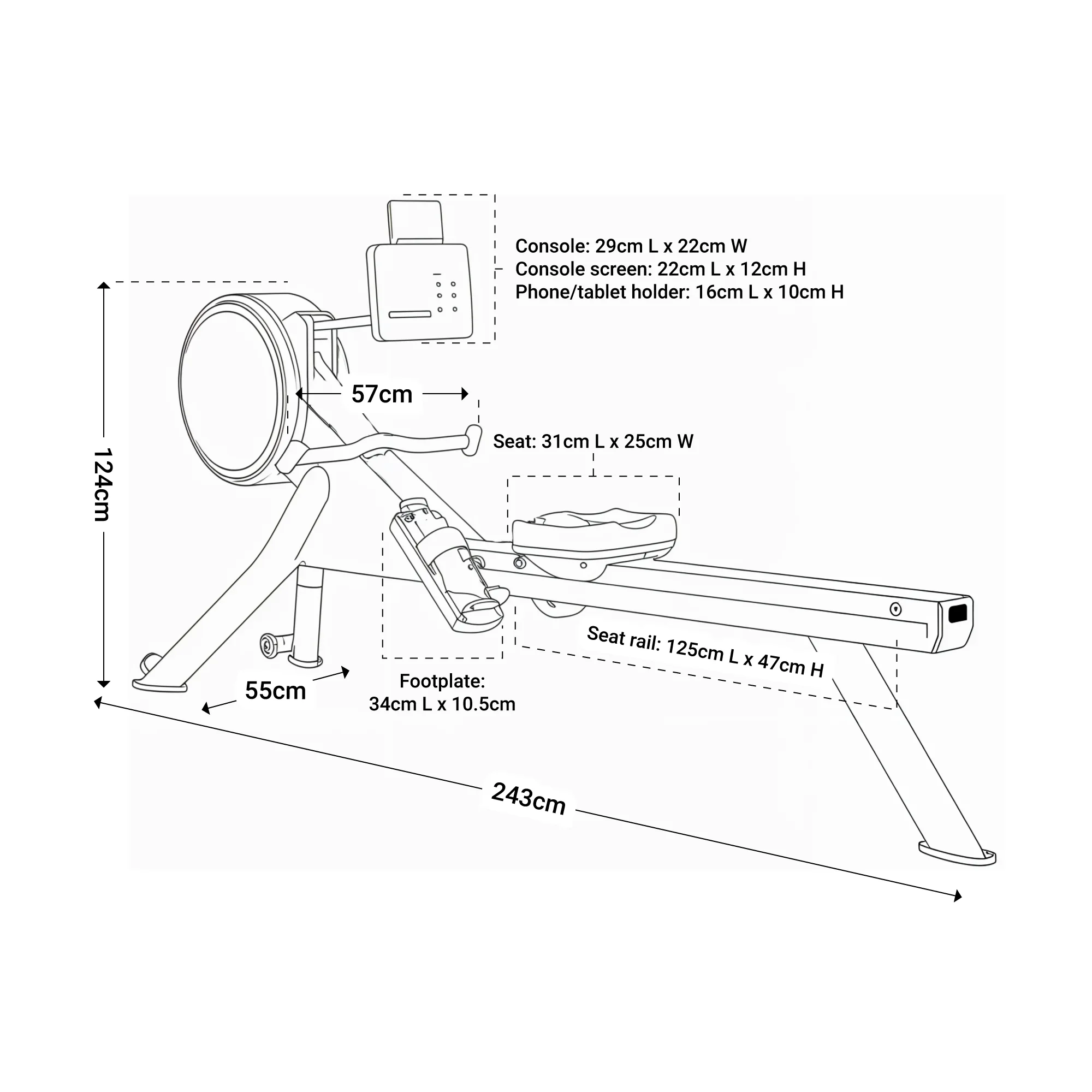 Specifications on a drawing of Magnetic rowing machine elite
