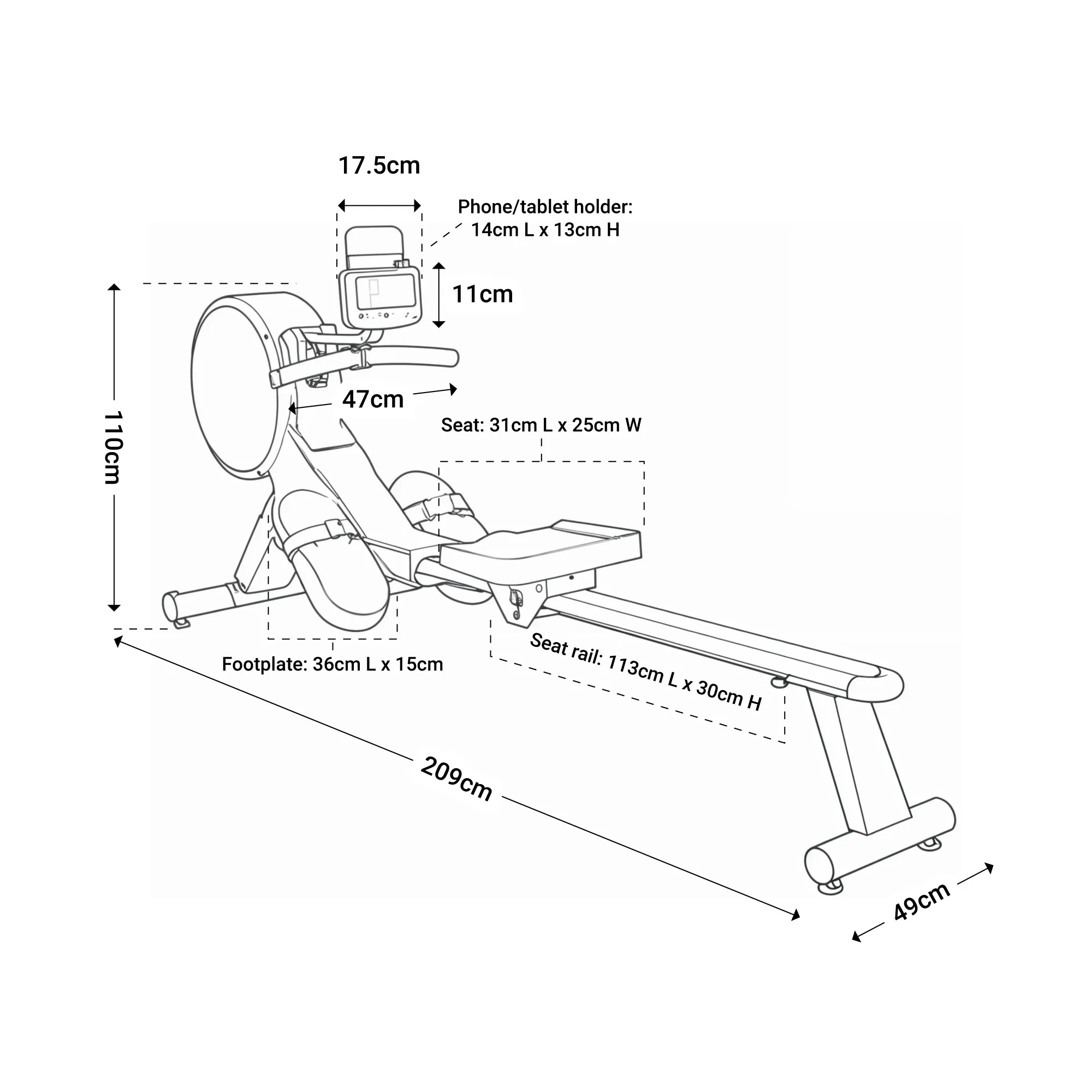 Specifications on a drawing of Magnetic rowing machine essential