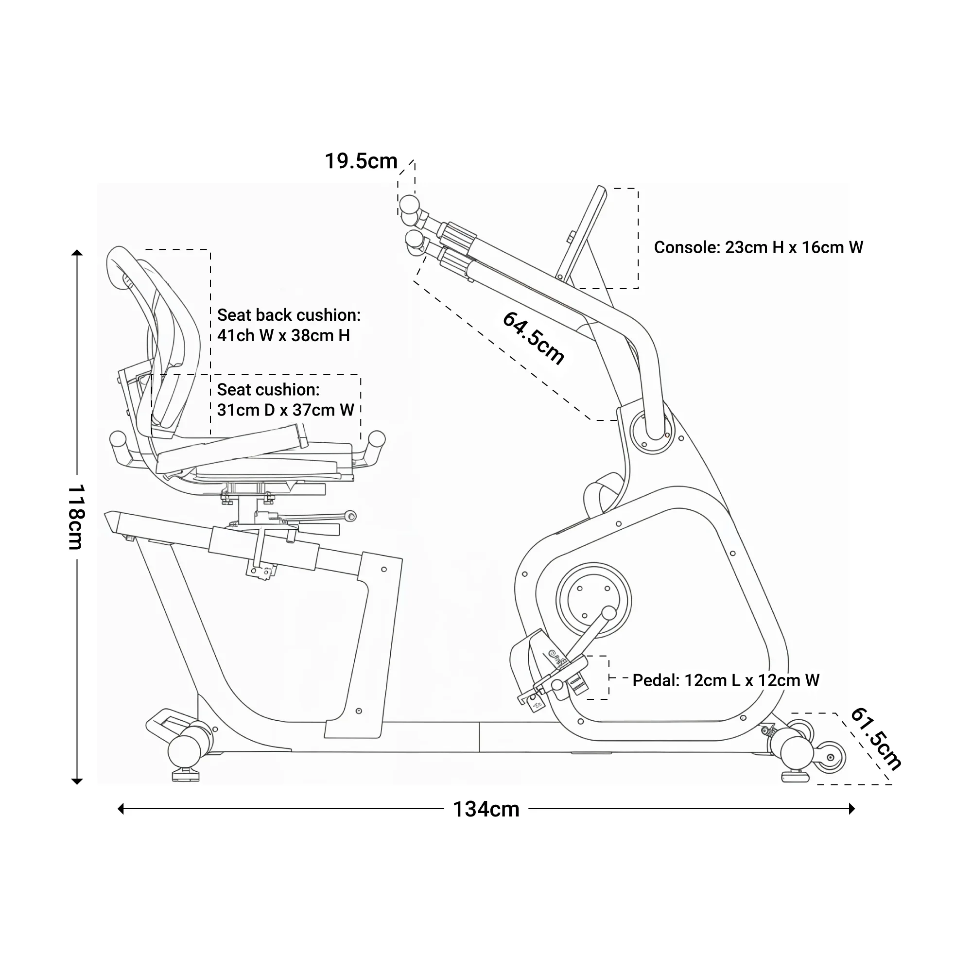 Tech drawing of recumbent bike elite dual