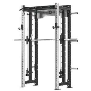 Power rack with cable weight stack, smith bar and pull-up bar