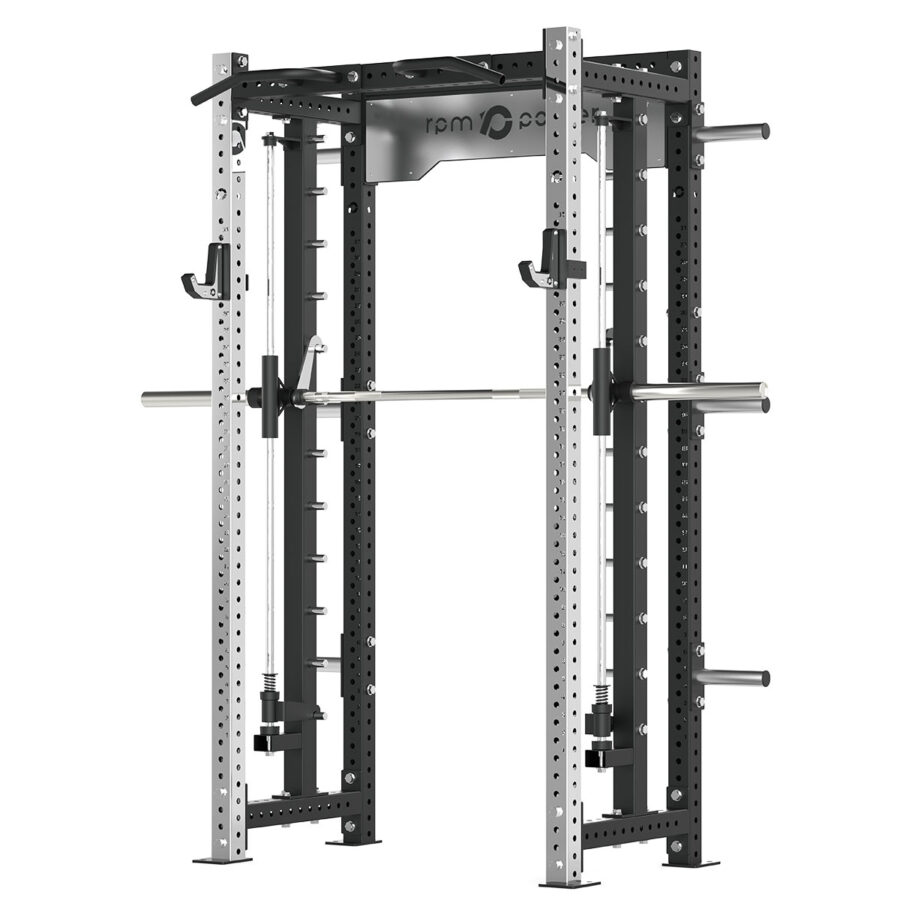 Power rack with cable weight stack, smith bar and pull-up bar