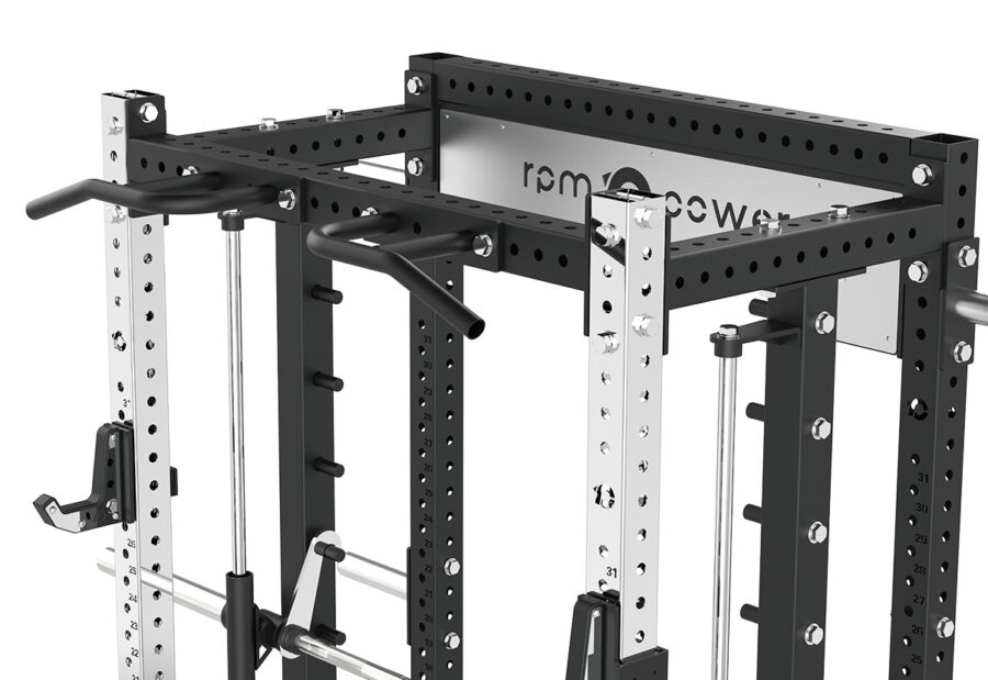 Power rack with cable weight stack, smith bar and pull-up bar