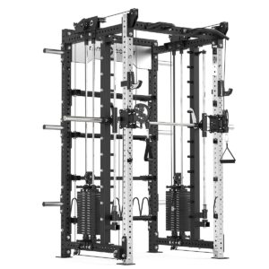 Power rack with cable weight stack, smith bar and pull-up bar