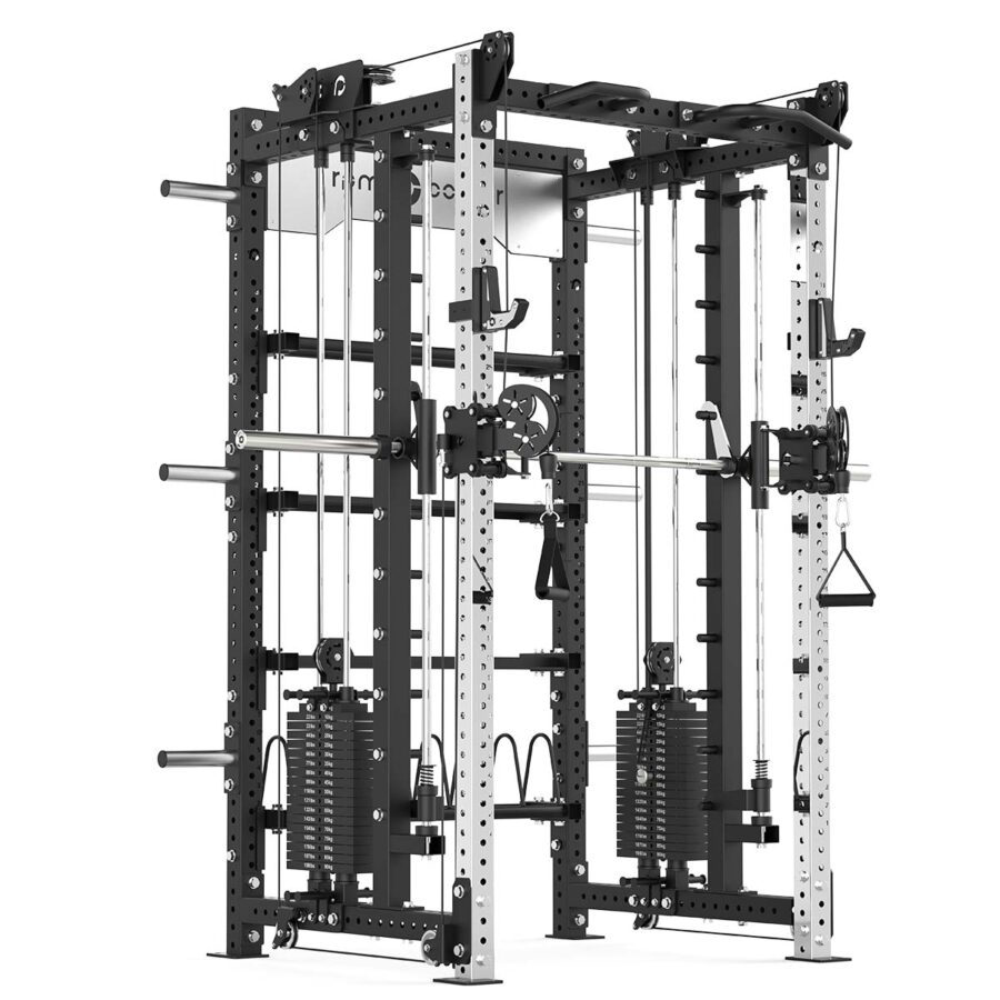Power rack with cable weight stack, smith bar and pull-up bar
