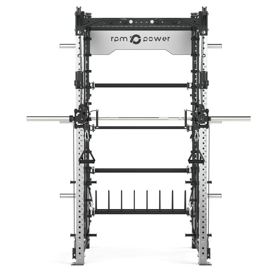 Power rack with cable weight stack, smith bar and pull-up bar