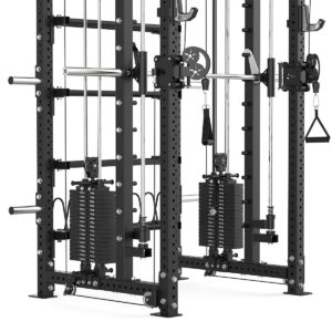 Power rack with cable weight stack, smith bar and pull-up bar