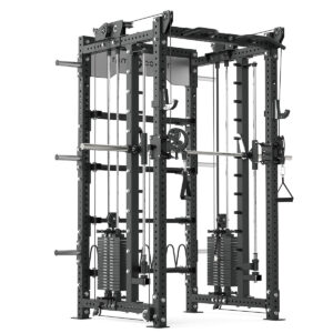 Power rack with cable weight stack, smith bar and pull-up bar