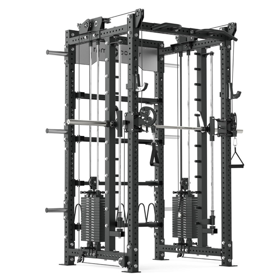 Power rack with cable weight stack, smith bar and pull-up bar