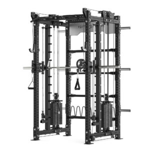 Power rack with cable weight stack, smith bar and pull-up bar