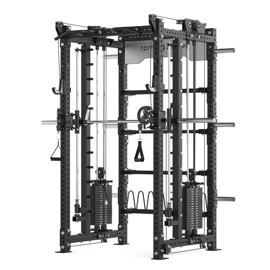 Power rack with cable weight stack, smith bar and pull-up bar