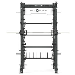 Power rack with cable weight stack, smith bar and pull-up bar