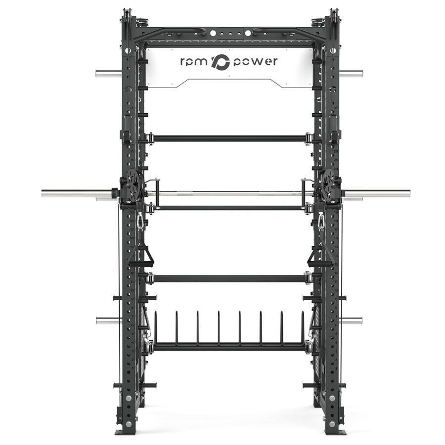Power rack with cable weight stack, smith bar and pull-up bar