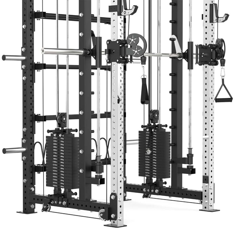 Power rack with cable weight stack, smith bar and pull-up bar