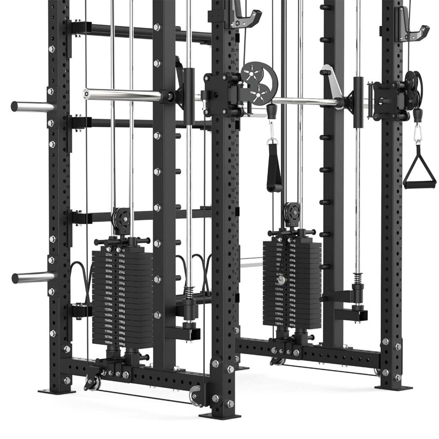 Power rack with cable weight stack, smith bar and pull-up bar
