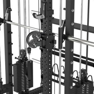 Power rack with cable weight stack, smith bar and pull-up bar