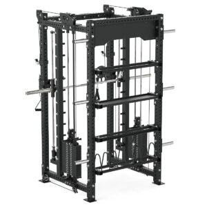 Power rack with cable weight stack, smith bar and pull-up bar