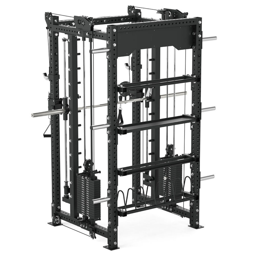 Power rack with cable weight stack, smith bar and pull-up bar