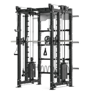 Power rack with cable weight stack, smith bar and pull-up bar
