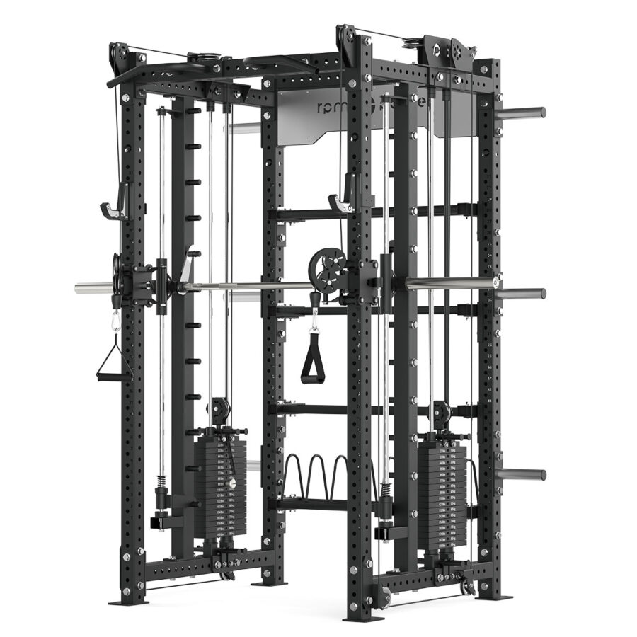Power rack with cable weight stack, smith bar and pull-up bar