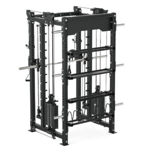 Power rack with cable weight stack, smith bar and pull-up bar