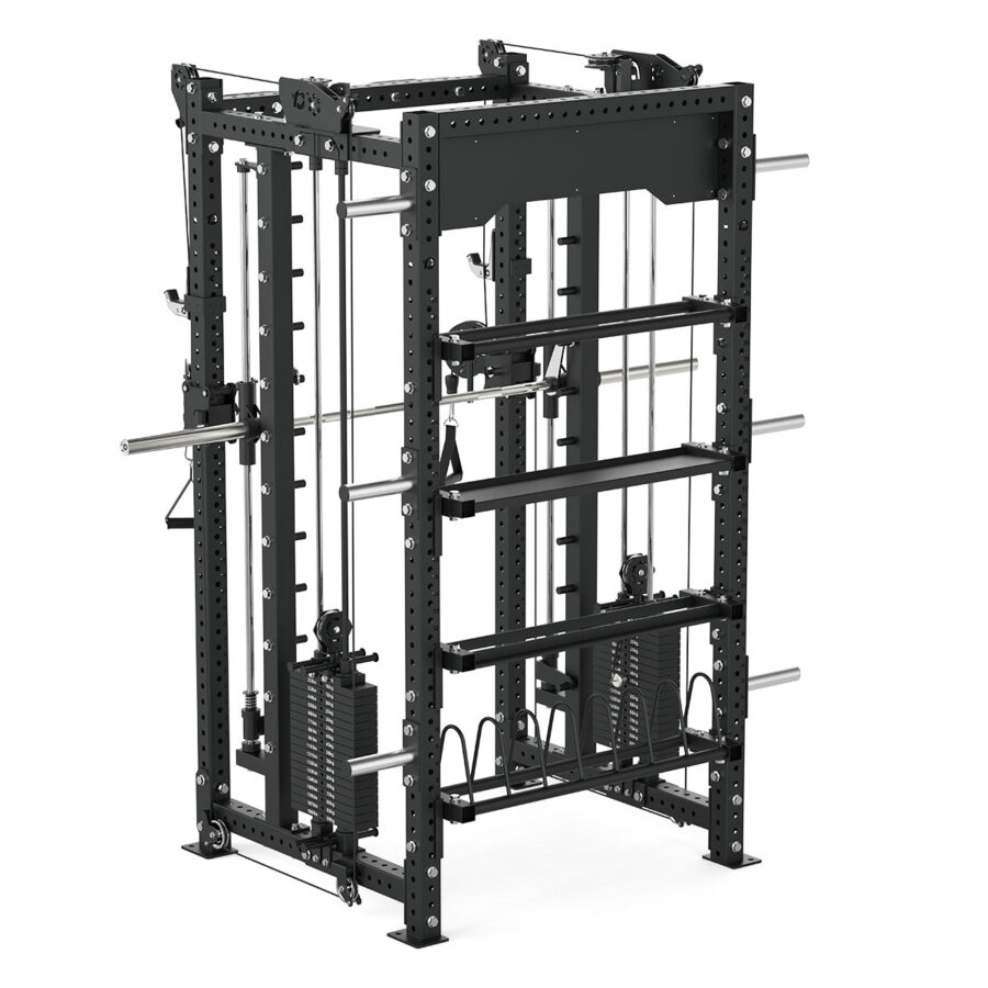 Power rack with cable weight stack, smith bar and pull-up bar