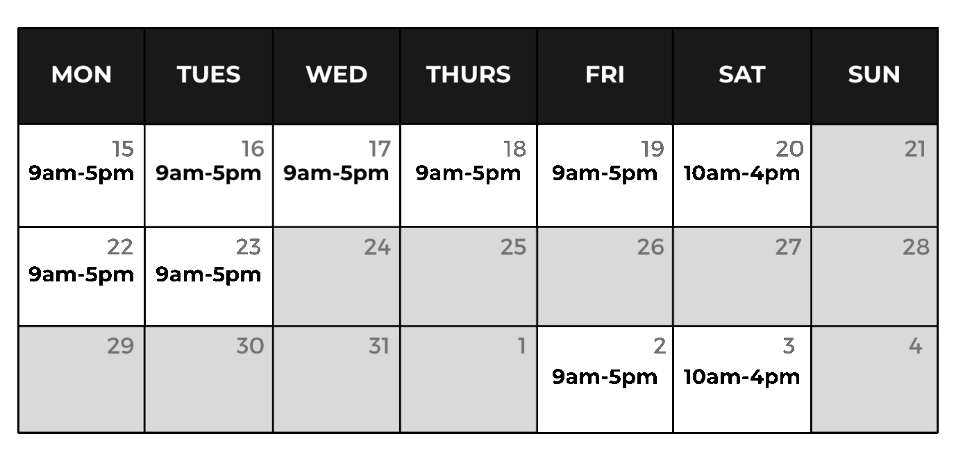 chart of showroom opening hours