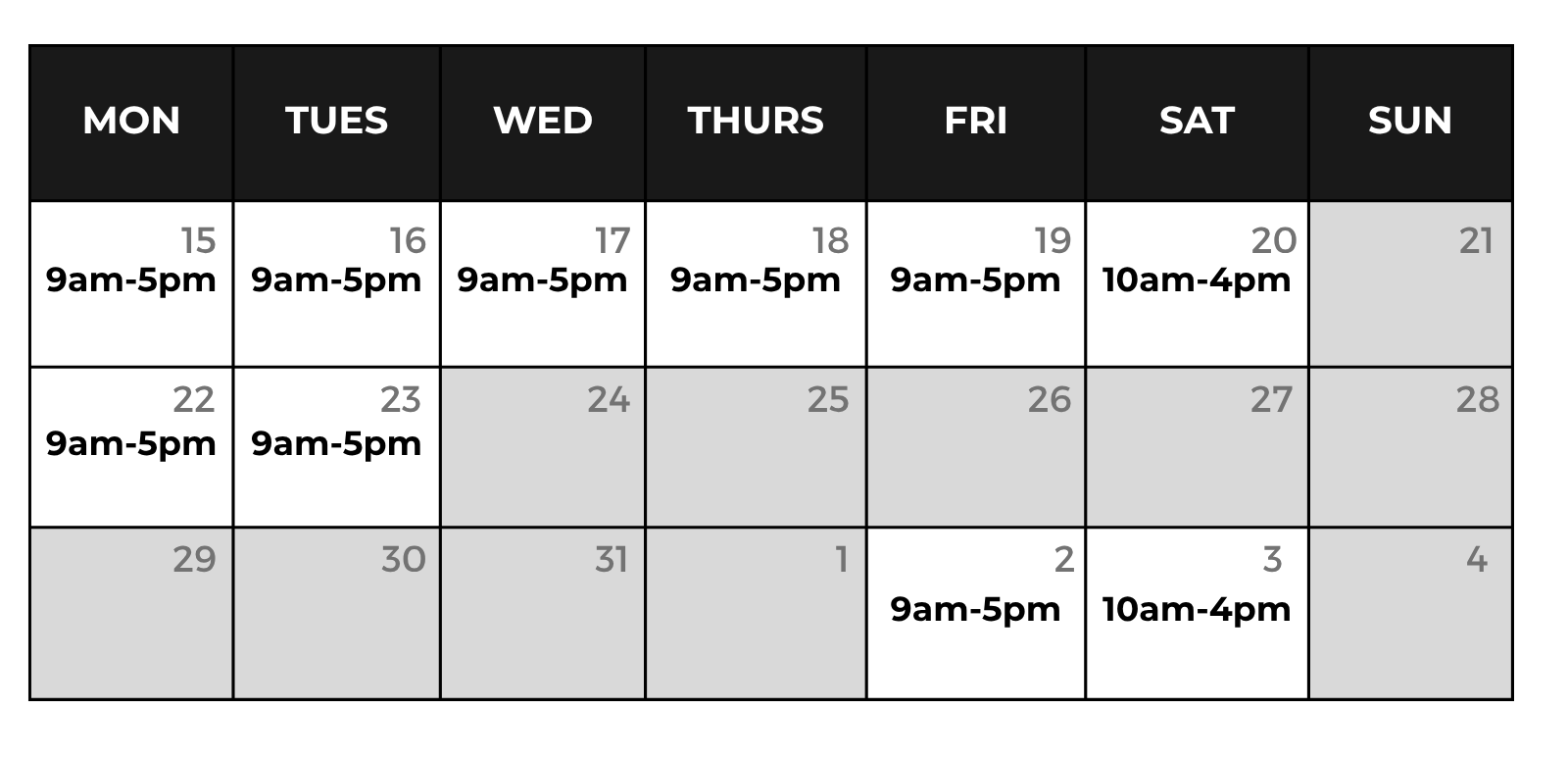 chart of showroom opening hours