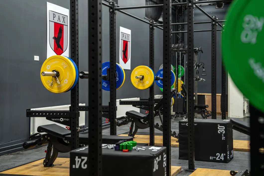 Glenstal Abbey school gym with rigs, weight benches, weight plates and deadlift platform and school crest