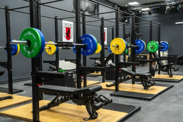 Glenstal Abbey school gym with rigs, weight benches, weight plates and deadlift platform and school crest