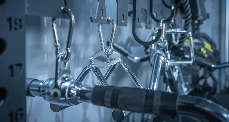 Cable machine attachments on storage rack